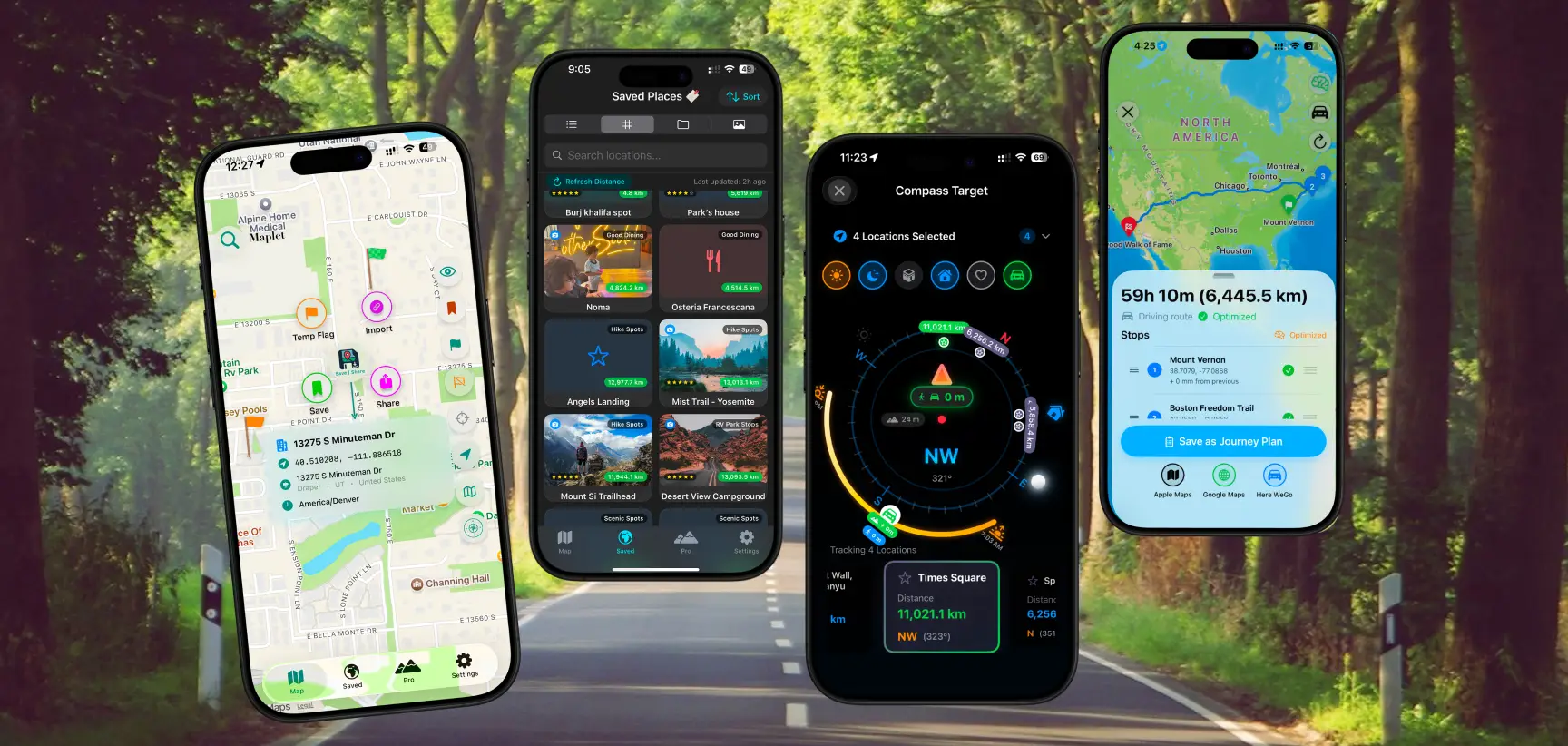 Maplet app showing saved locations, a Saved Places folder list, the Compass Target tool, and a multi-stop route on iPhone