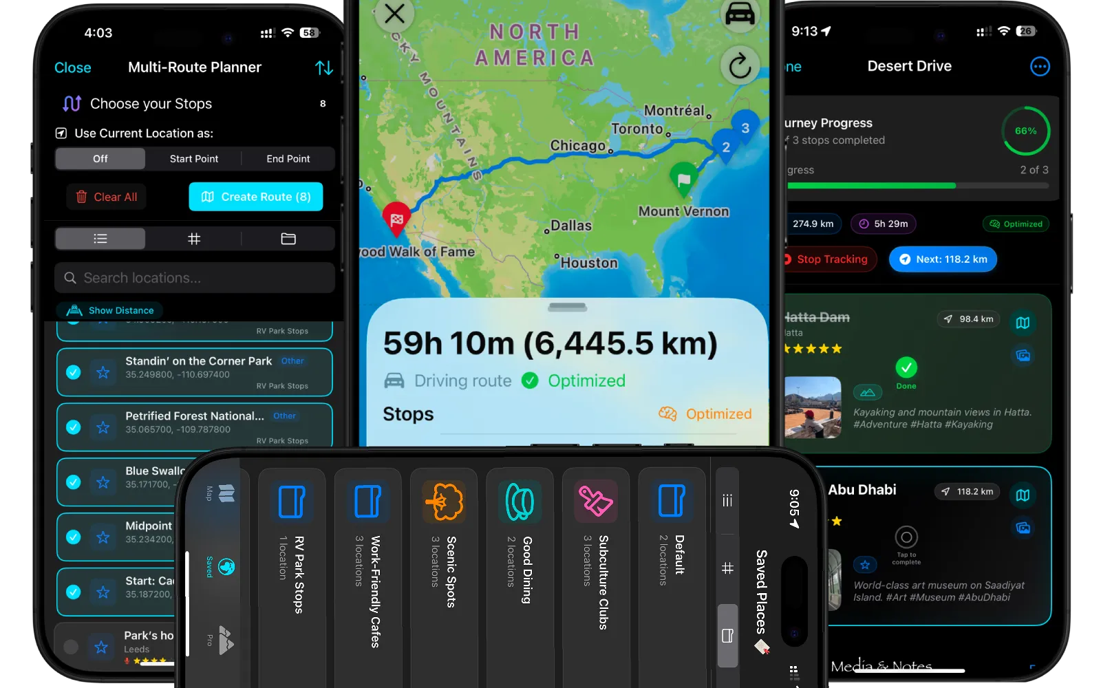 Maplet multi-route planner, an optimized driving route, and journey progress tracking screens