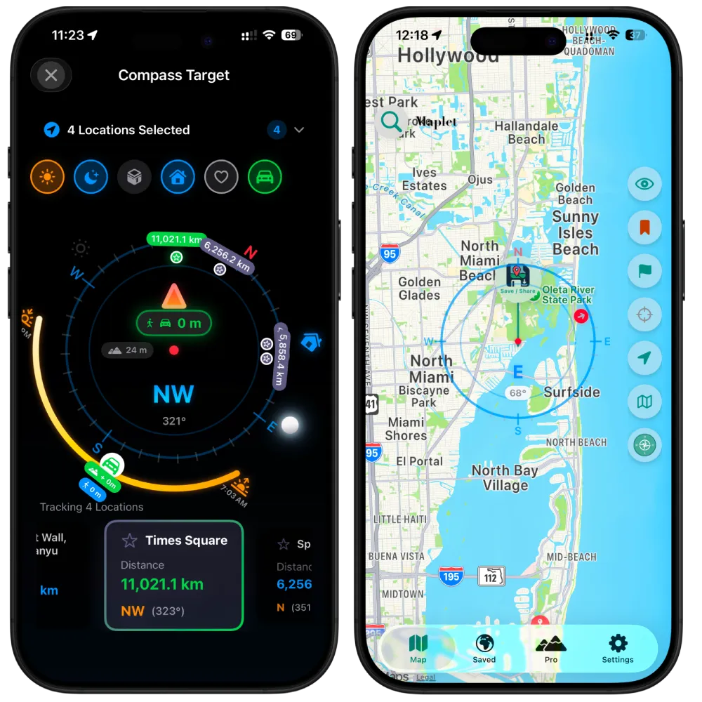 Maplet Compass Target tool showing distance and bearing to saved locations, alongside the live map view