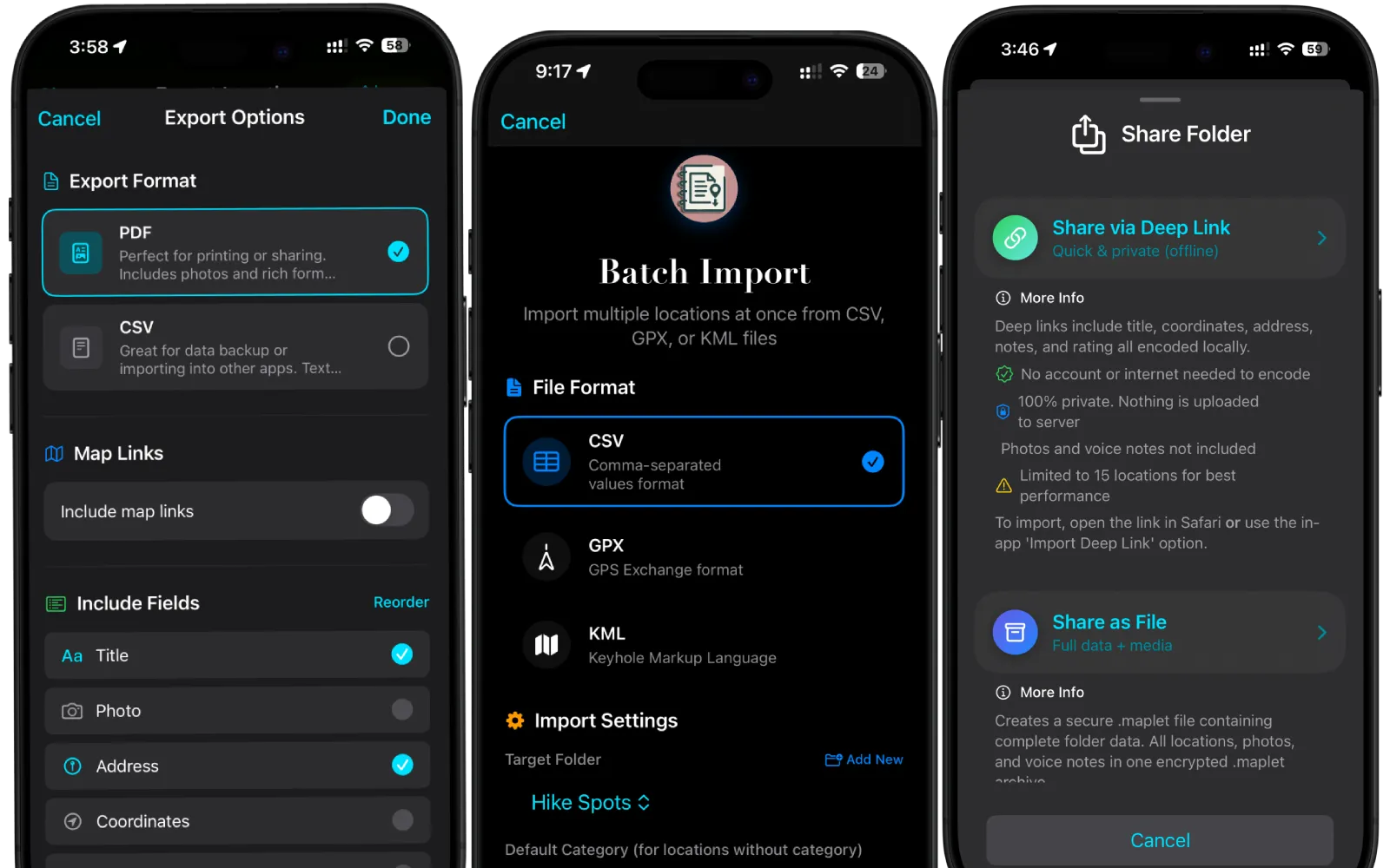Maplet's Share Folder screen showing the Share via Deep Link option, next to the Export Options and Batch Import screens